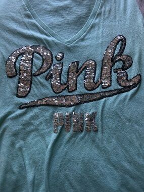 PINK Victoria's Secret Aqua V-Neck Tee with Sequin Logo and Gray Sleeve